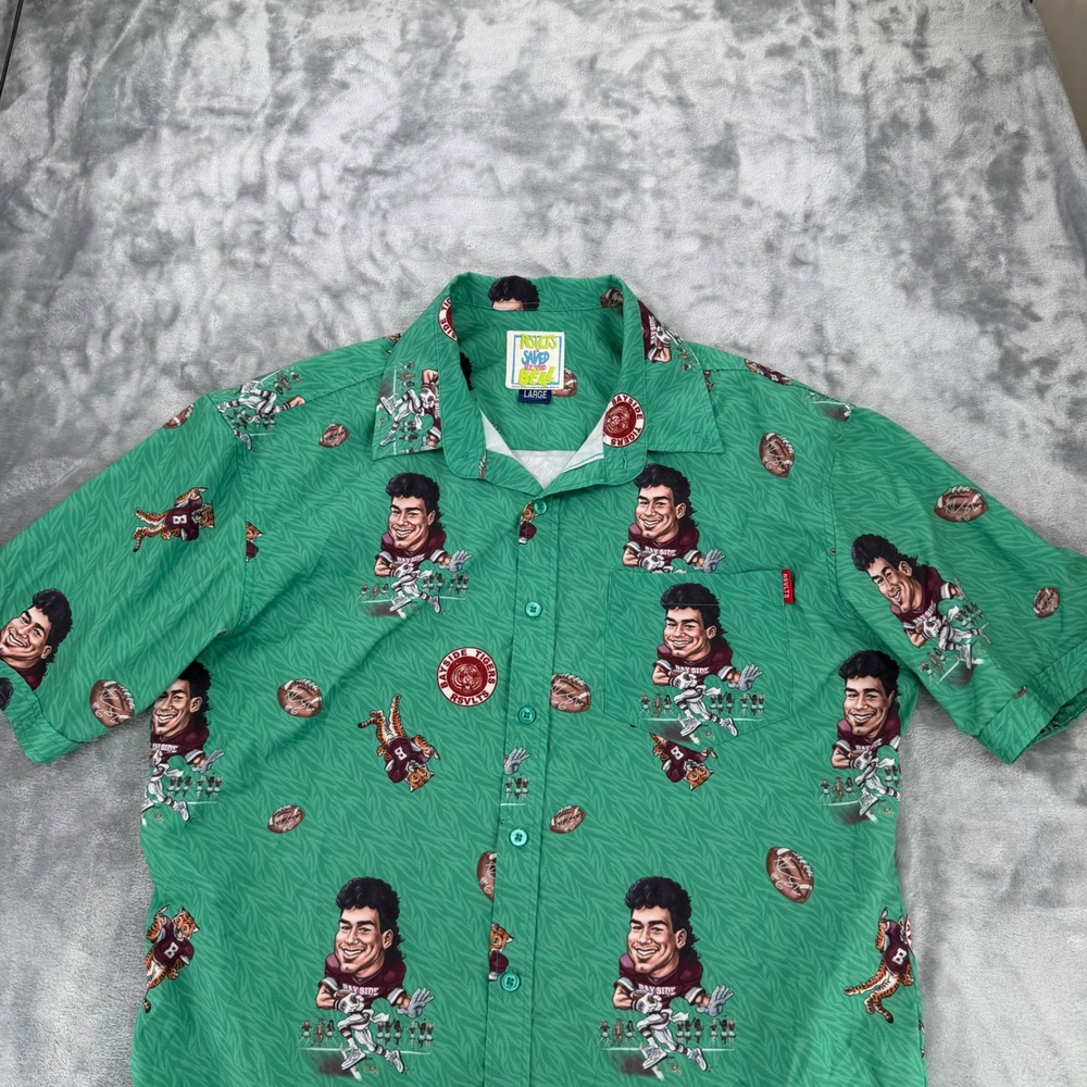 RSVLTS Saved By The Bell AC Slater Bayside Tigers Green Button Down Shirt Large